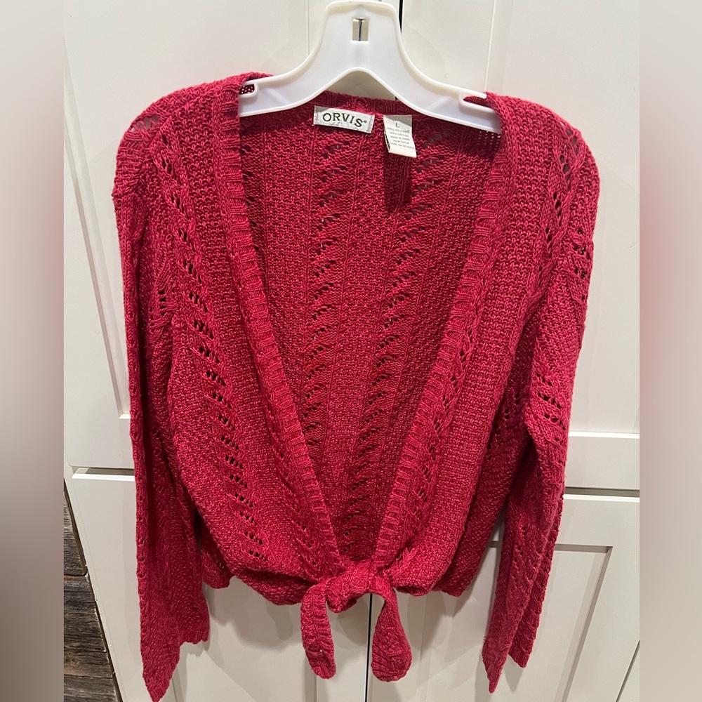 Orvis crochet front tie sweater. Size L